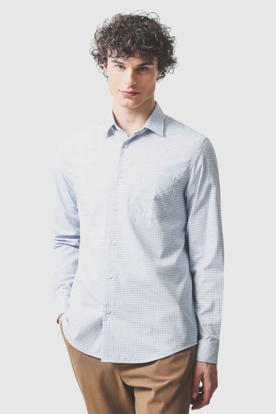 Camisa Manga Longa Regular Algodao 50 Xadrez Branco C/Azul — foto 1 de 6