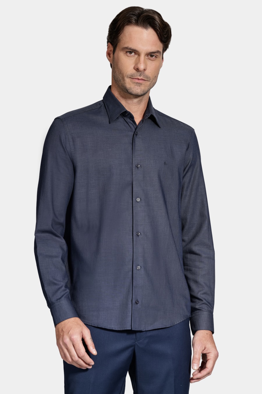 Camisa Manga Longa Regular Algodão Egípcio Maquinetada Marinho — foto 1 de 6