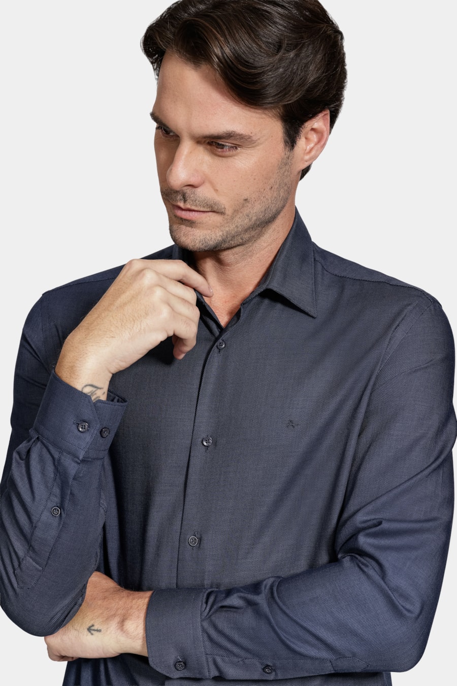 Camisa Manga Longa Regular Algodão Egípcio Maquinetada Marinho — foto 3 de 6