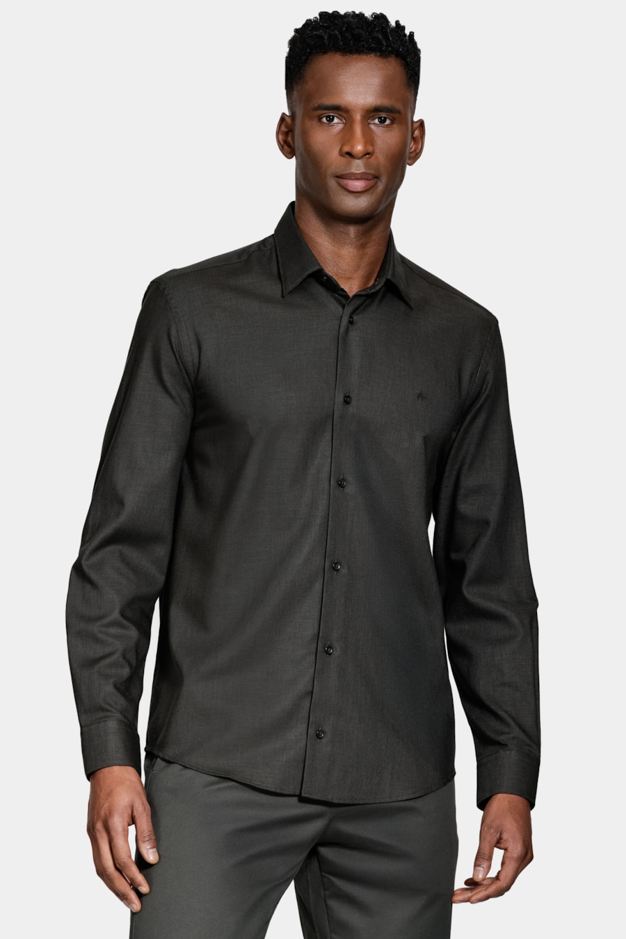 Camisa Manga Longa Regular Algodão Egípcio Maquinetada Verde Escuro — foto 1 de 6