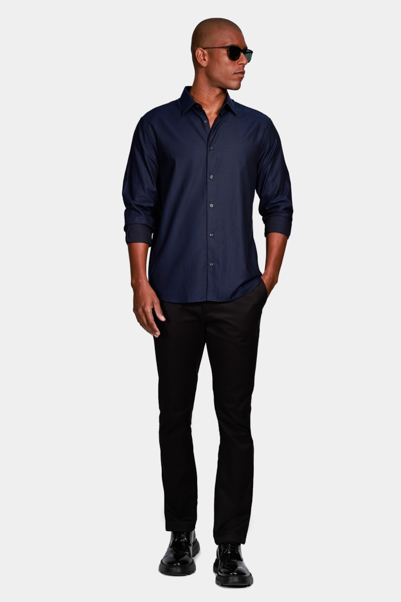 Camisa Manga Longa Regular Algodão Egípcio Maquinetado Marinho