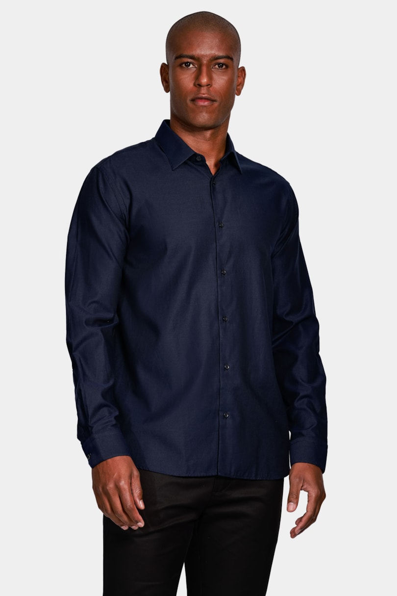 Camisa Manga Longa Regular Algodão Egípcio Maquinetado Marinho