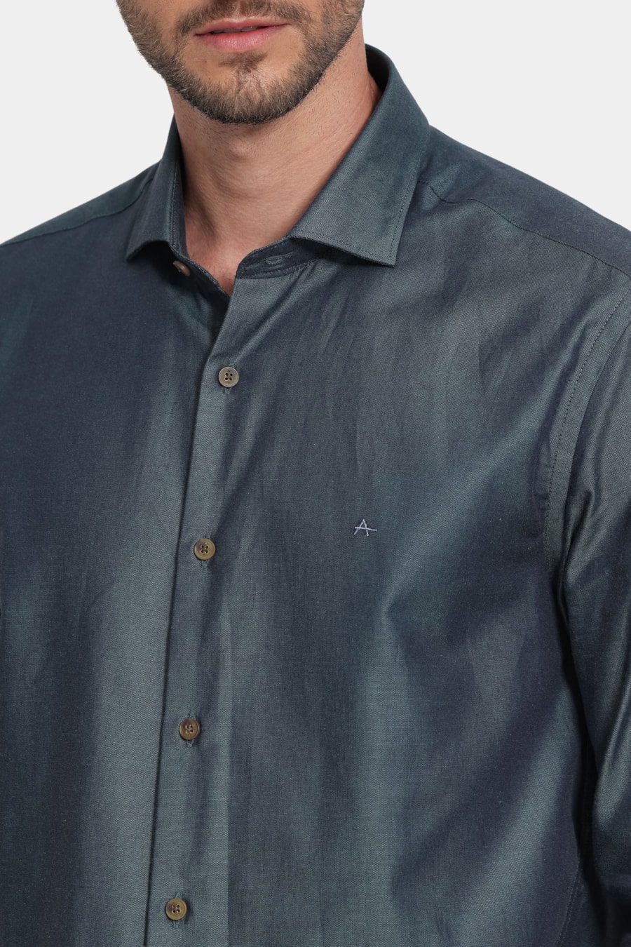 Camisa Manga Longa Regular Algodão Lisa Pinpoint Verde Escuro — foto 3 de 6