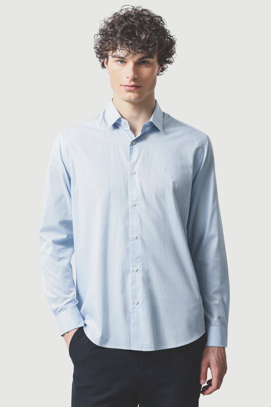 Camisa Manga Longa Regular Algodao Listrada Azul Claro C/Branco — foto 1 de 6