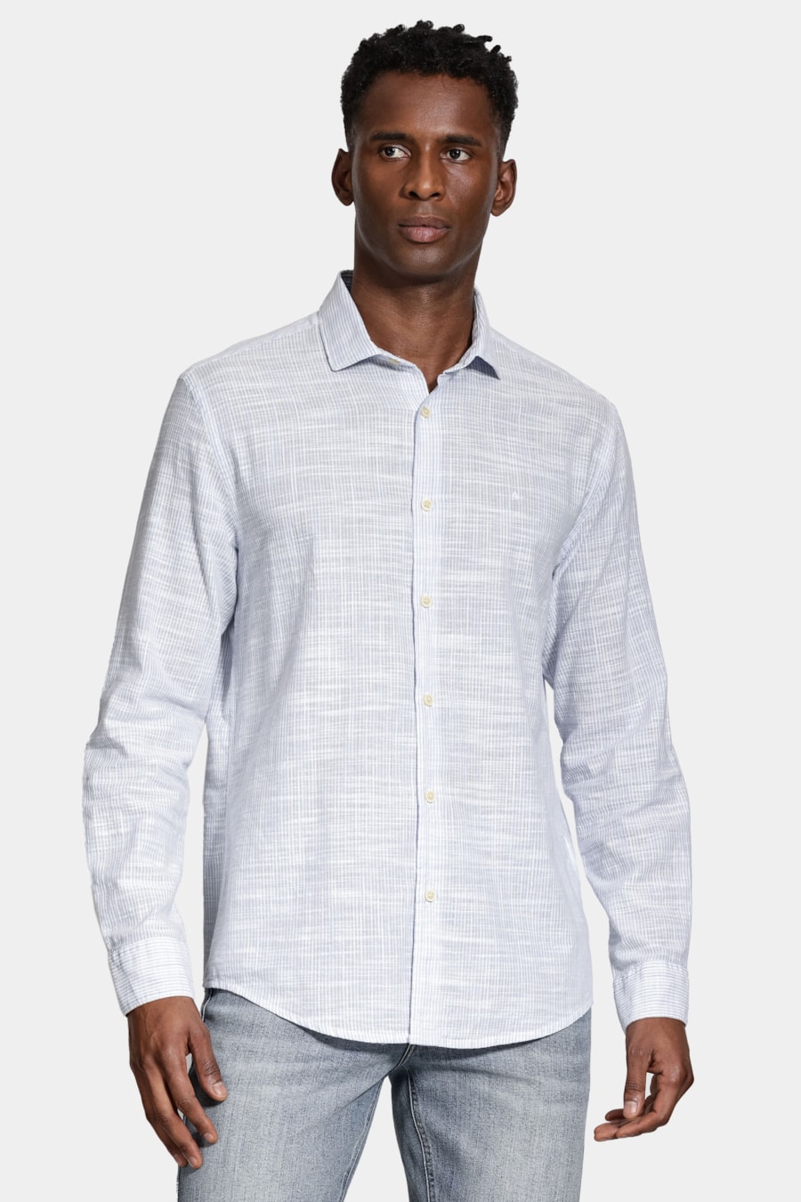 Camisa Manga Longa Regular Algodão Listrada Branco C/Azul Claro — foto 1 de 5