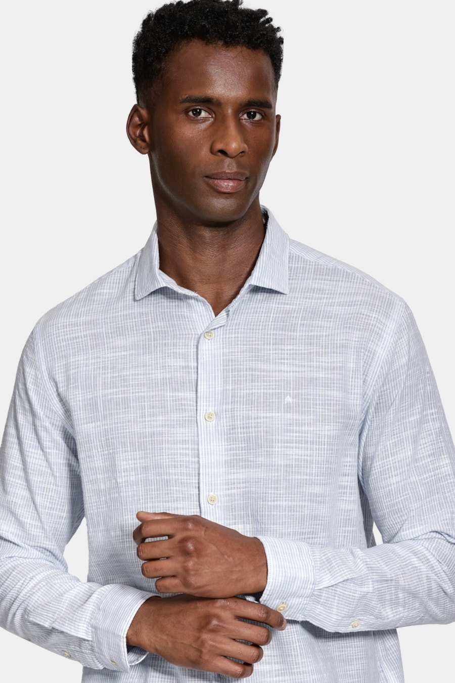 Camisa Manga Longa Regular Algodão Listrada Branco C/Azul Claro — foto 3 de 5