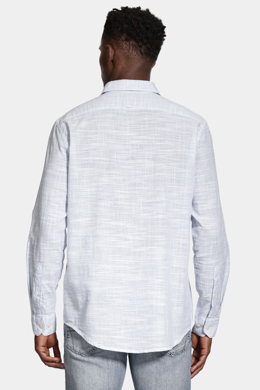 Camisa Manga Longa Regular Algodão Listrada Branco C/Azul Claro — foto 4 de 5