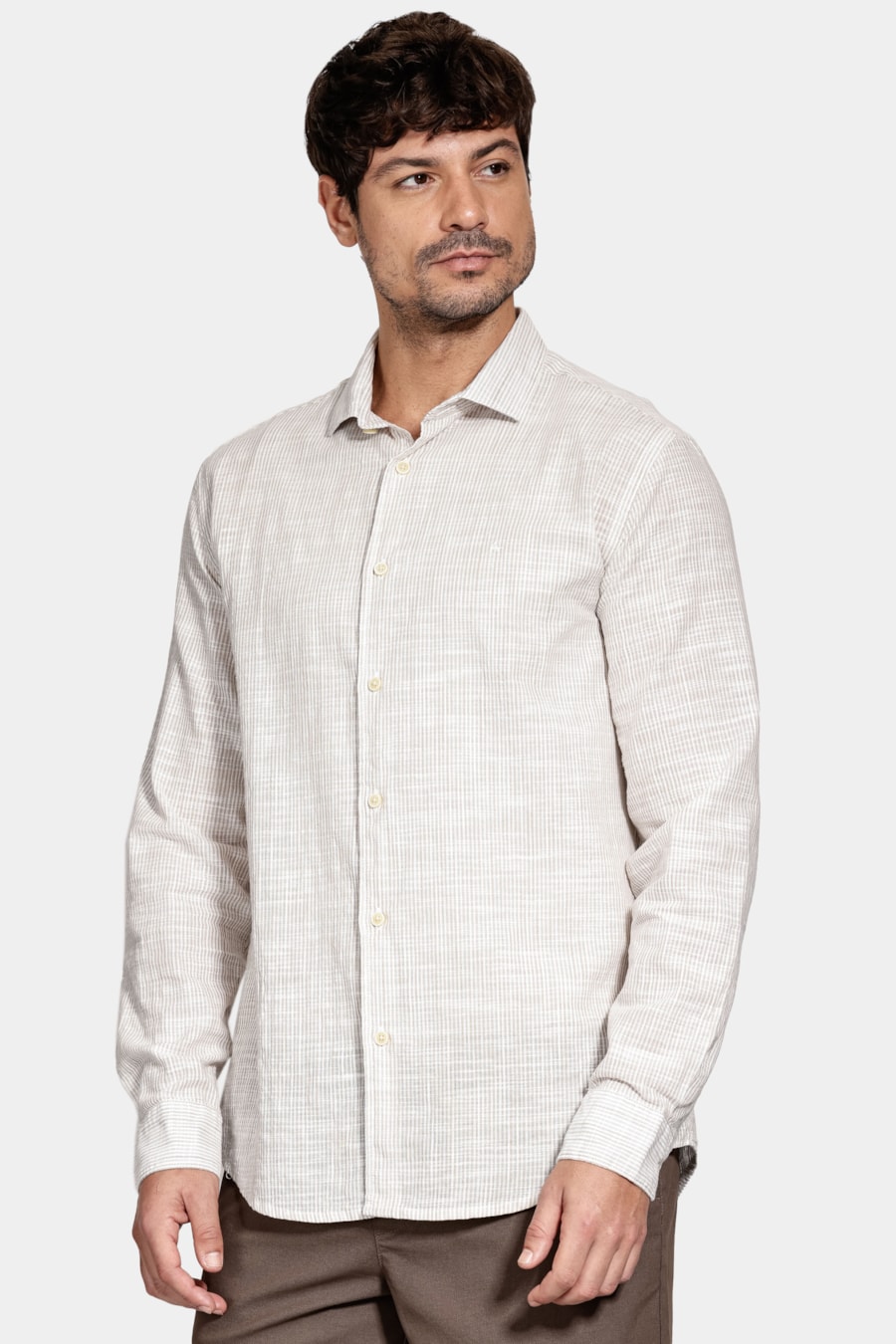 Camisa Manga Longa Regular Algodão Listrada Branco C/Caqui — foto 1 de 5