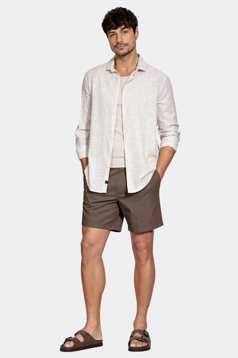 Camisa Manga Longa Regular Algodão Listrada Branco C/Caqui
