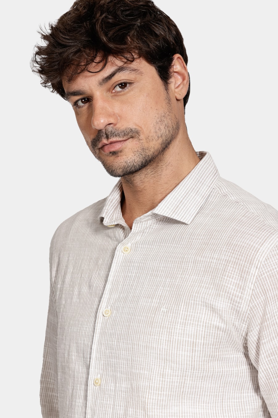 Camisa Manga Longa Regular Algodão Listrada Branco C/Caqui — foto 3 de 5