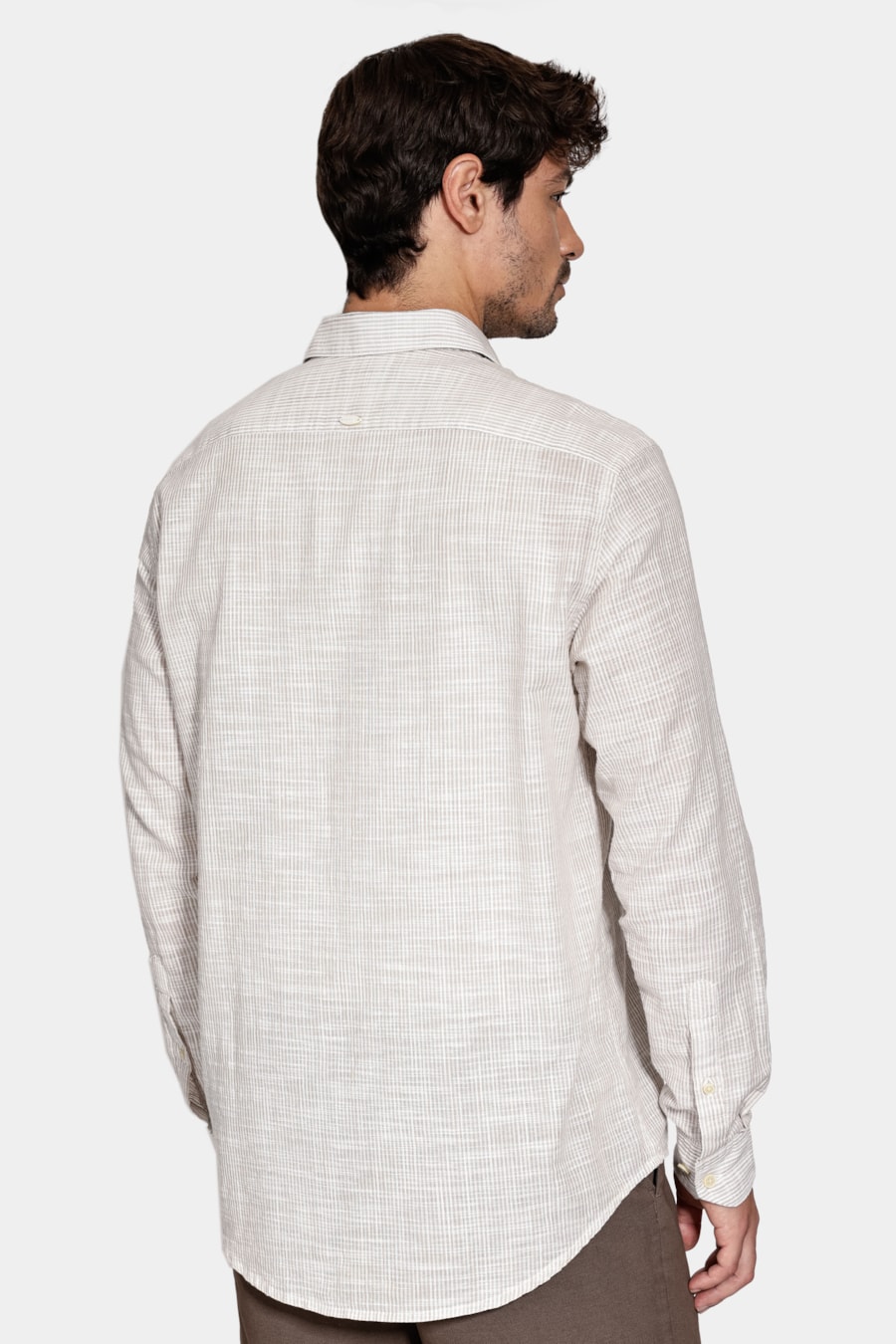 Camisa Manga Longa Regular Algodão Listrada Branco C/Caqui — foto 4 de 5