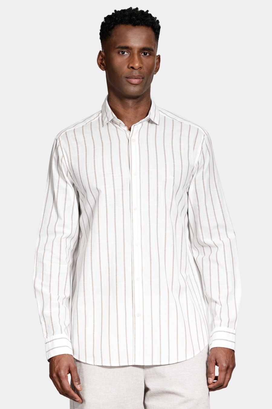 Camisa Manga Longa Regular Algodão Listrado Flamê Branco C/Caqui — foto 1 de 7