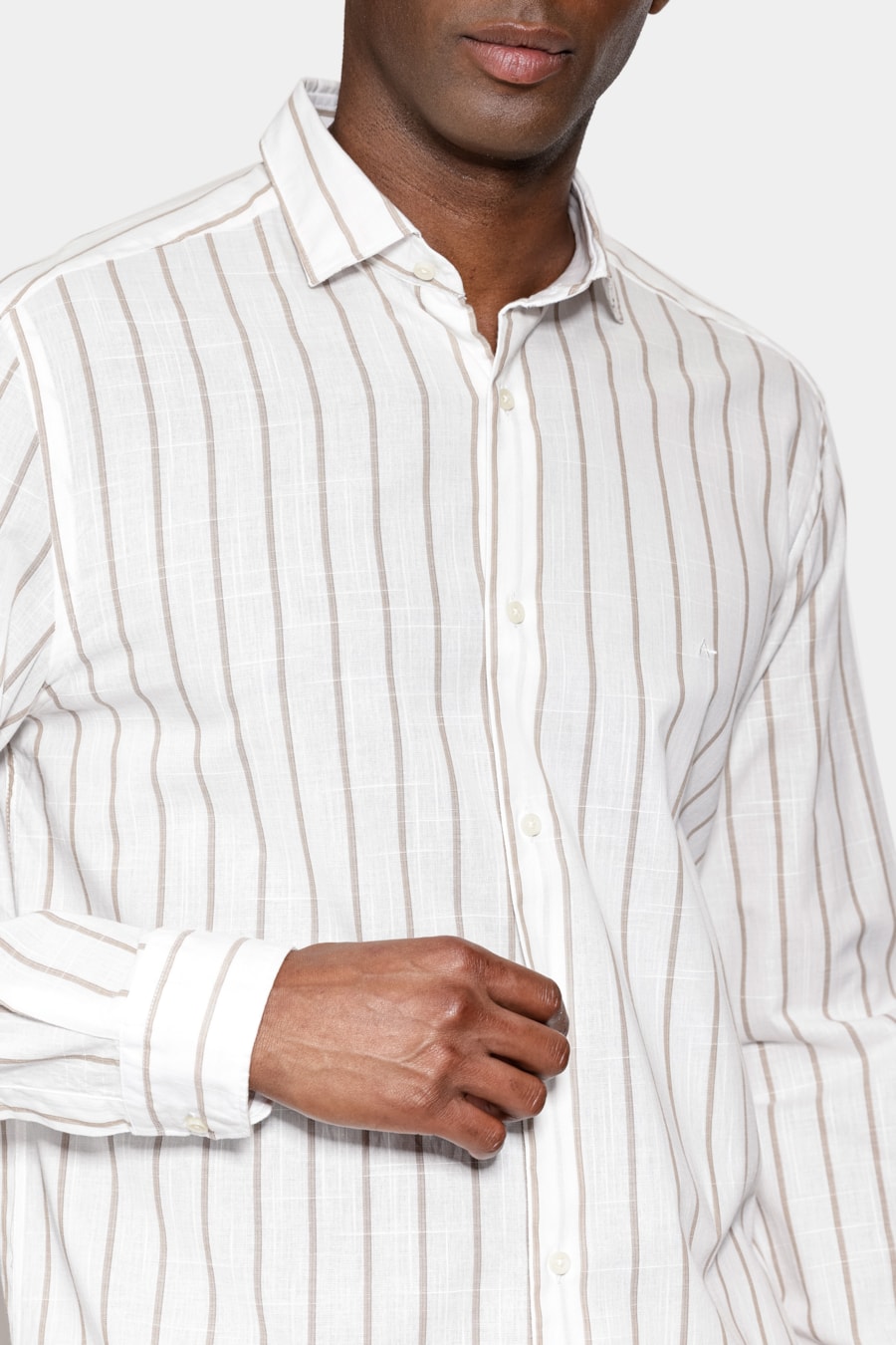 Camisa Manga Longa Regular Algodão Listrado Flamê Branco C/Caqui — foto 3 de 7