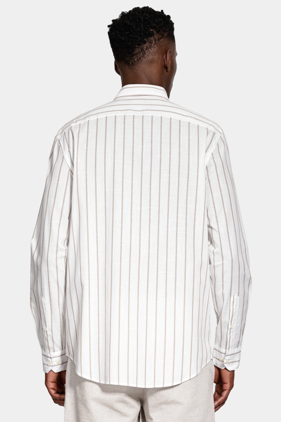 Camisa Manga Longa Regular Algodão Listrado Flamê Branco C/Caqui — foto 4 de 7