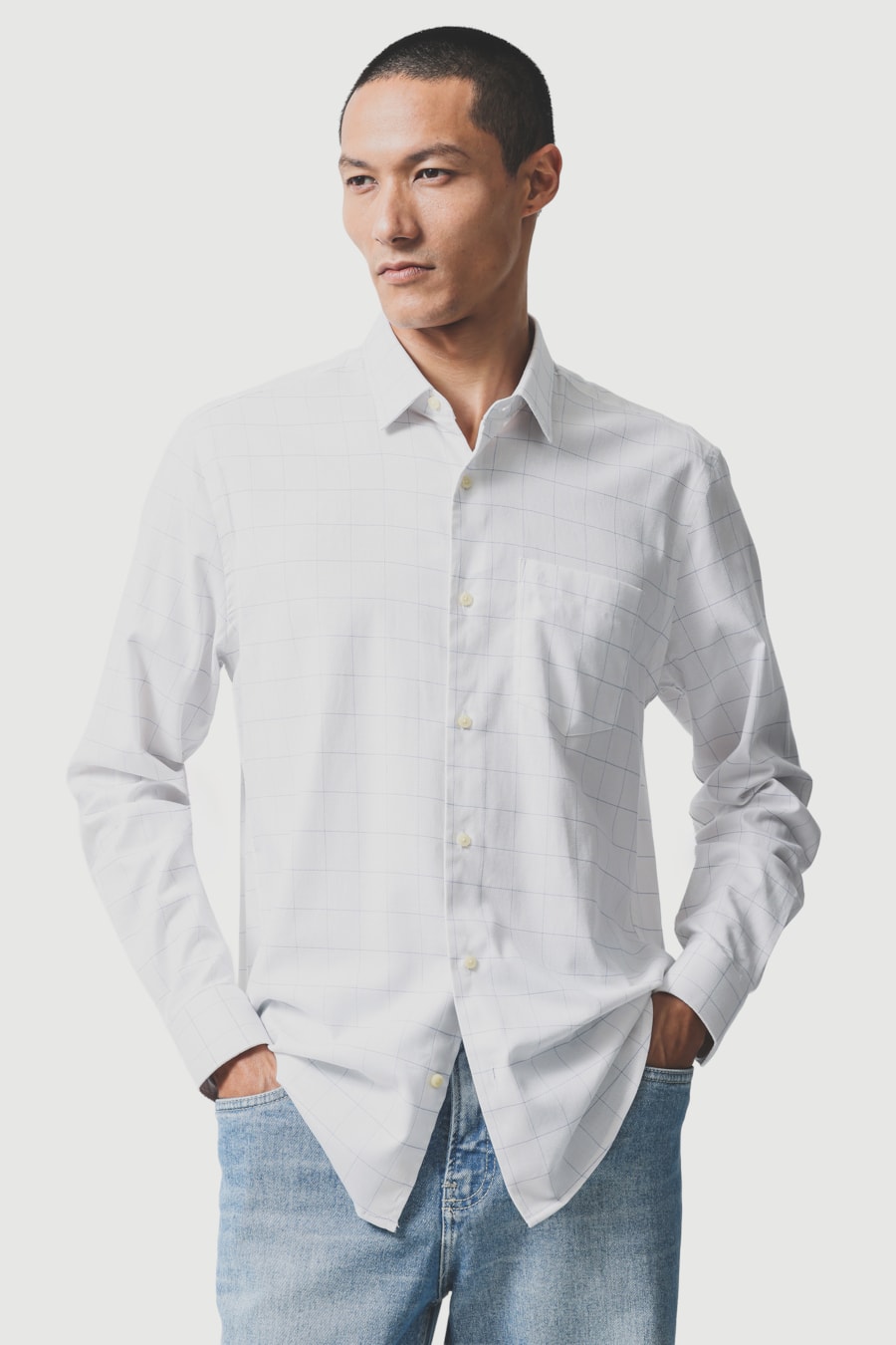 Camisa Manga Longa Regular Algodao Maxi Xd Bolso Branco C/Azul — foto 1 de 6