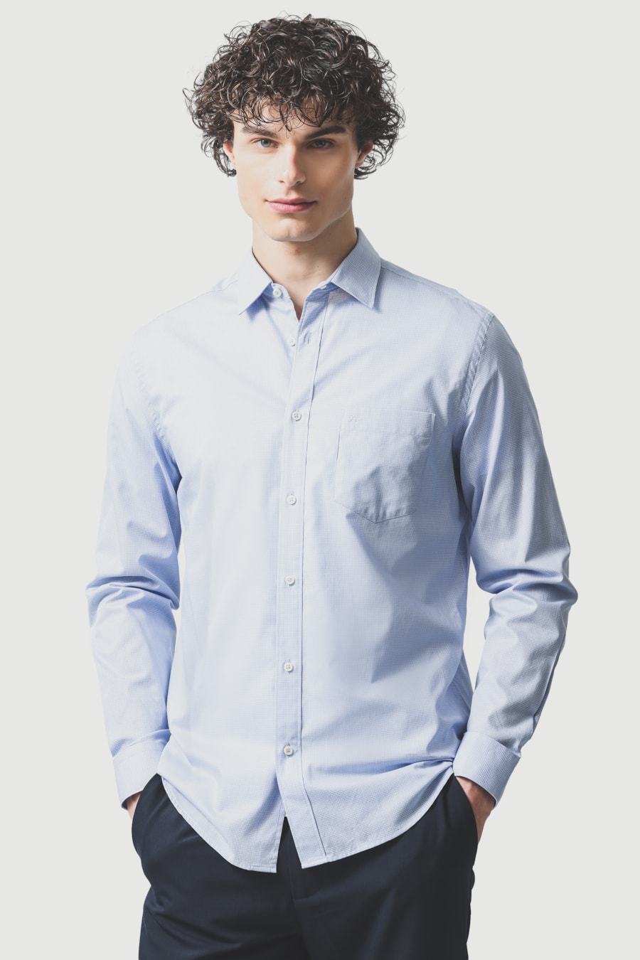 Camisa Manga Longa Regular Algodão Micro Xadrez Azul C/Branco — foto 1 de 6