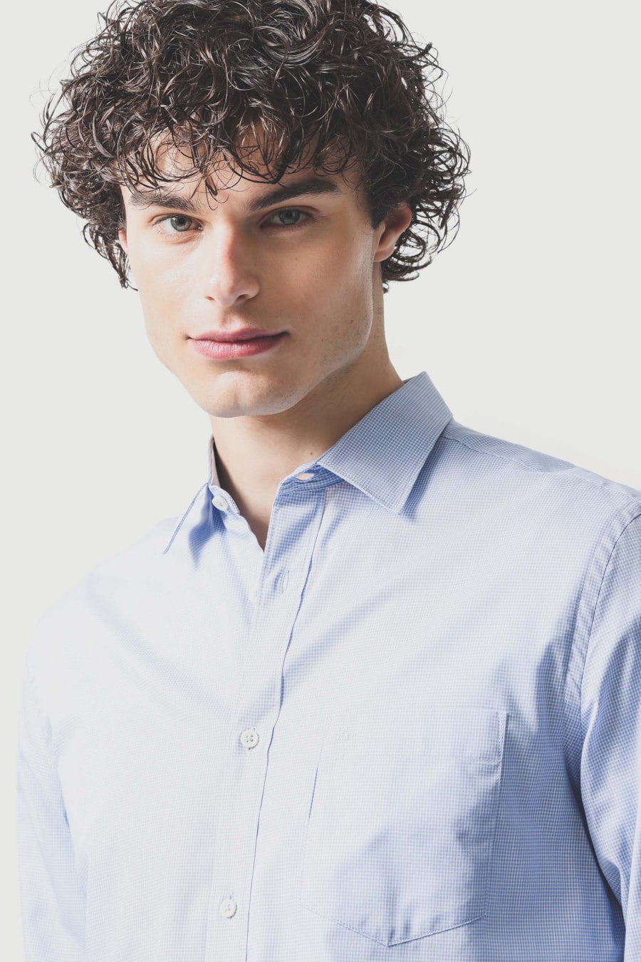 Camisa Manga Longa Regular Algodão Micro Xadrez Azul C/Branco — foto 3 de 6