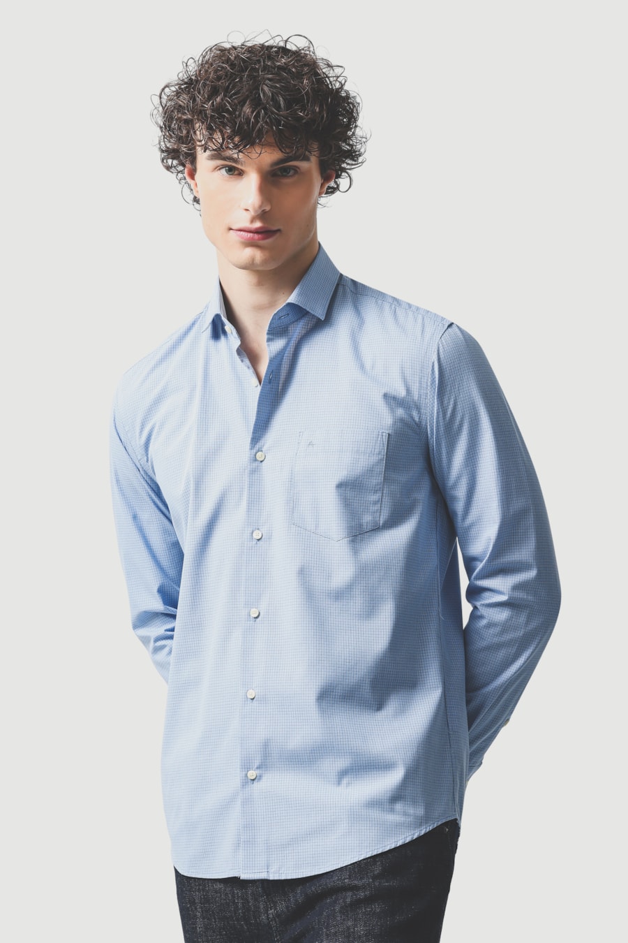 Camisa Manga Longa Regular Algodão Micro Xadrez Azul Cobalto C/ Branco — foto 1 de 6