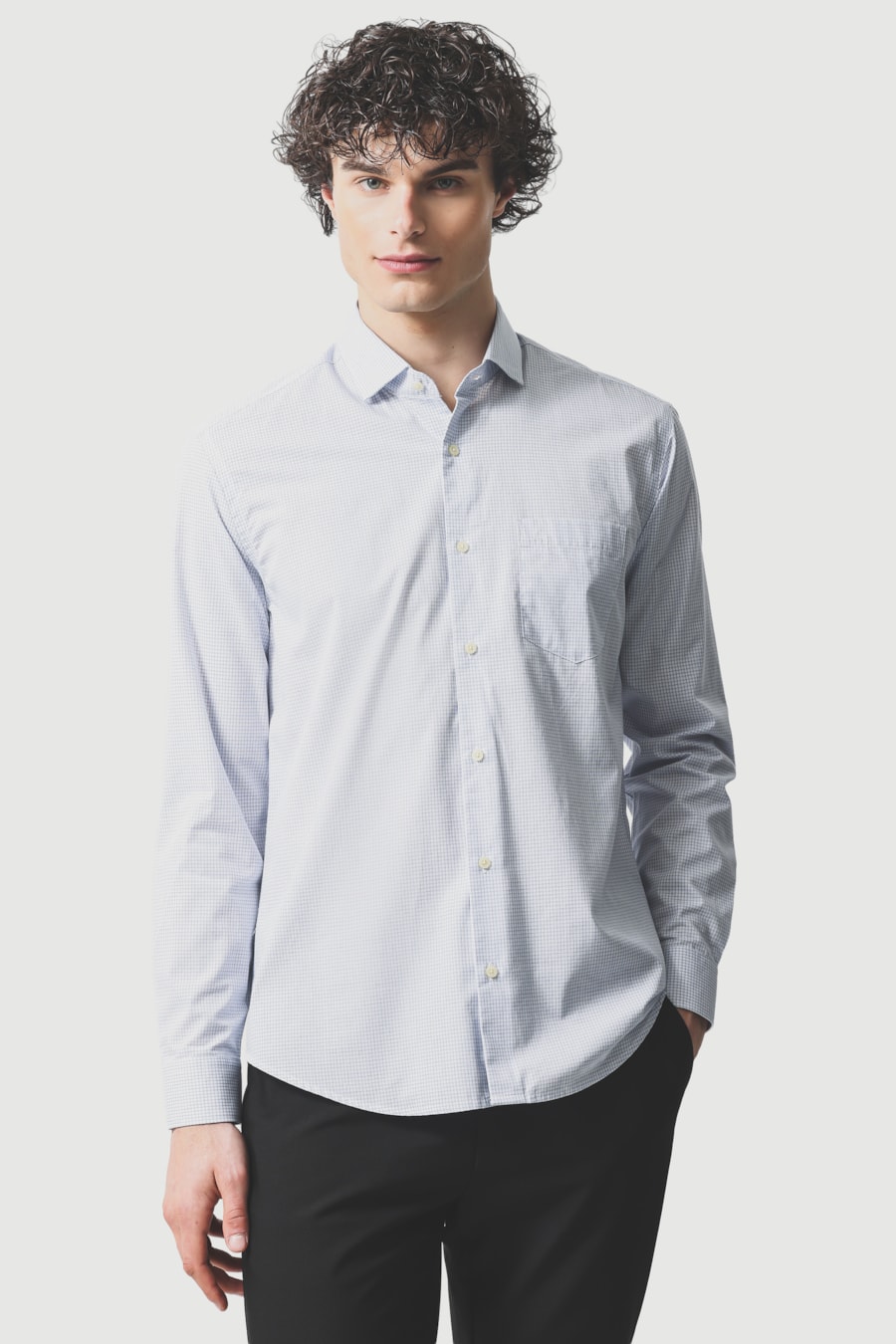 Camisa Manga Longa Regular Algodão Micro Xadrez Branco C/Azul — foto 1 de 6