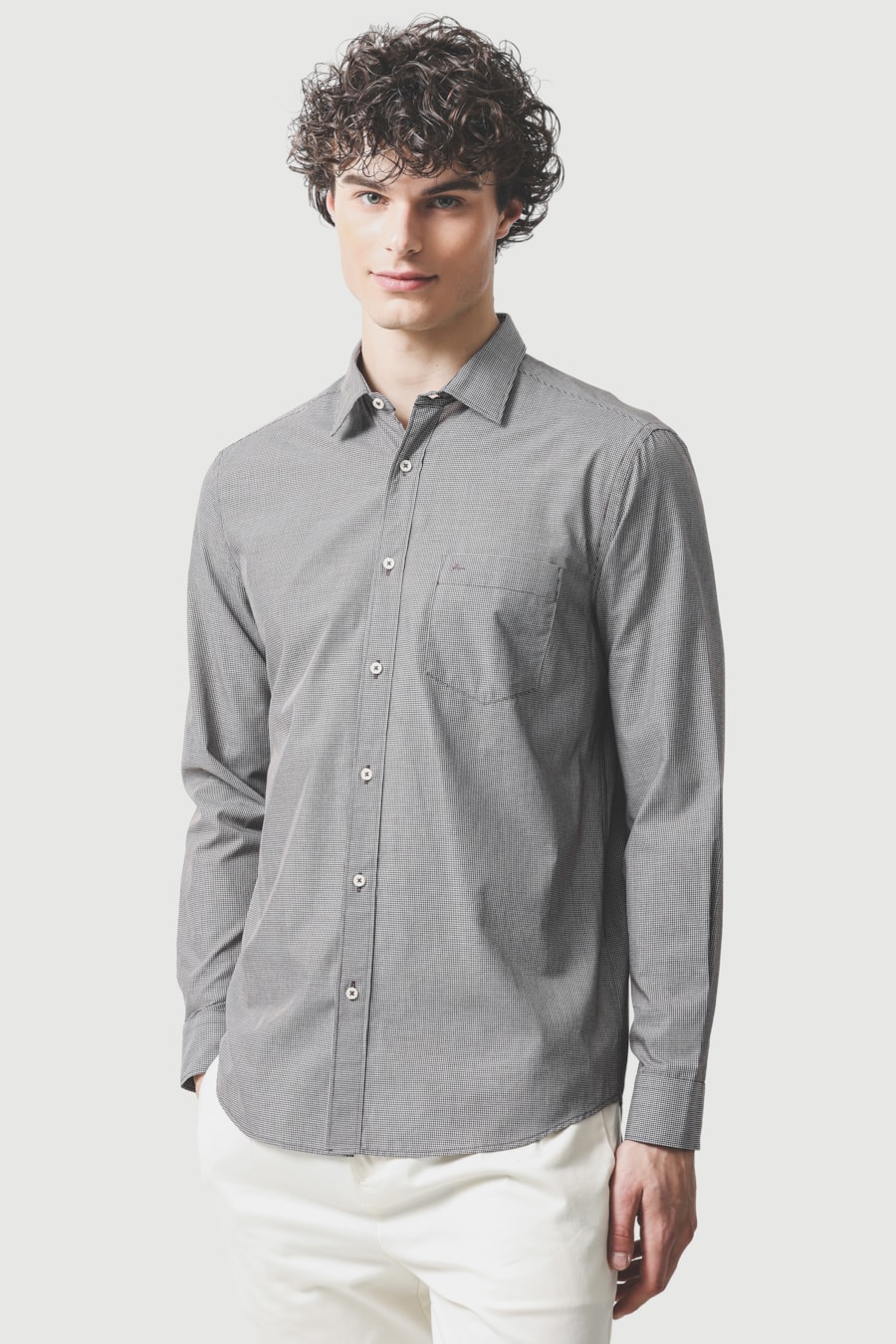 Camisa Manga Longa Regular Algodão Micro Xadrez Café C/ Branco — foto 1 de 6