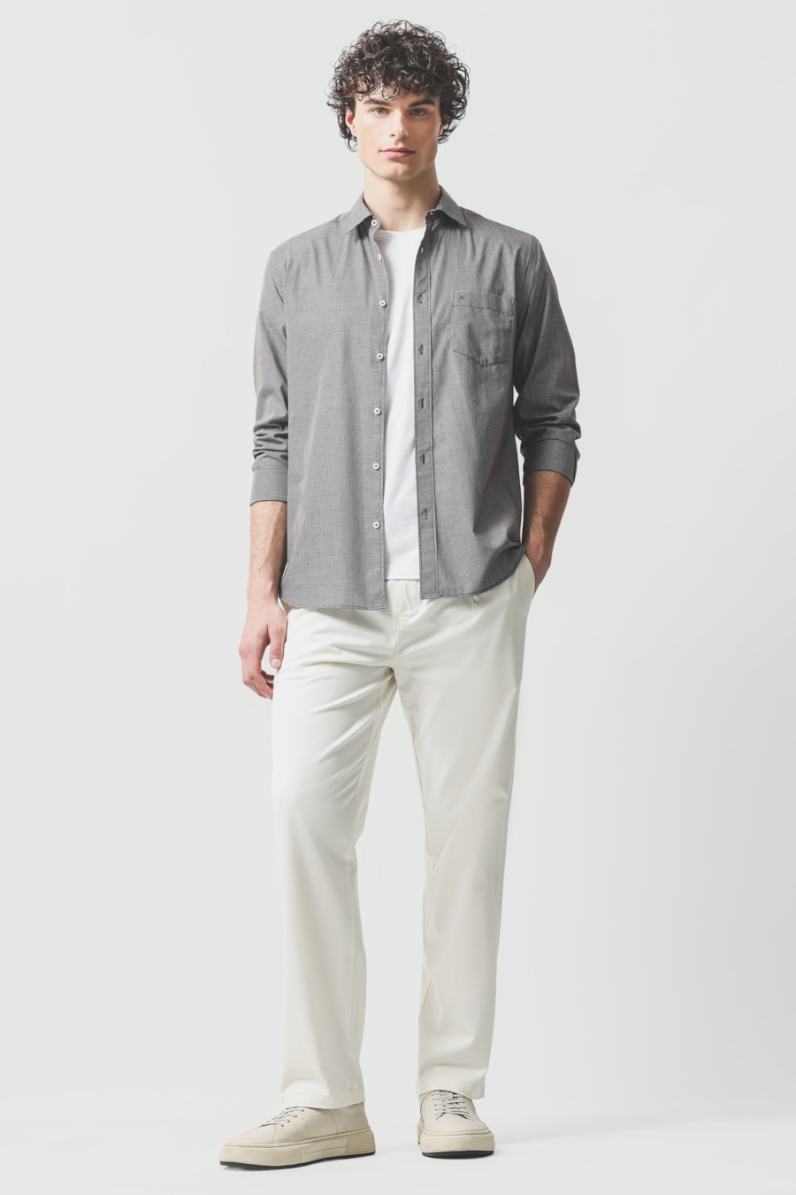 Camisa Manga Longa Regular Algodão Micro Xadrez Café C/ Branco — foto 2 de 6
