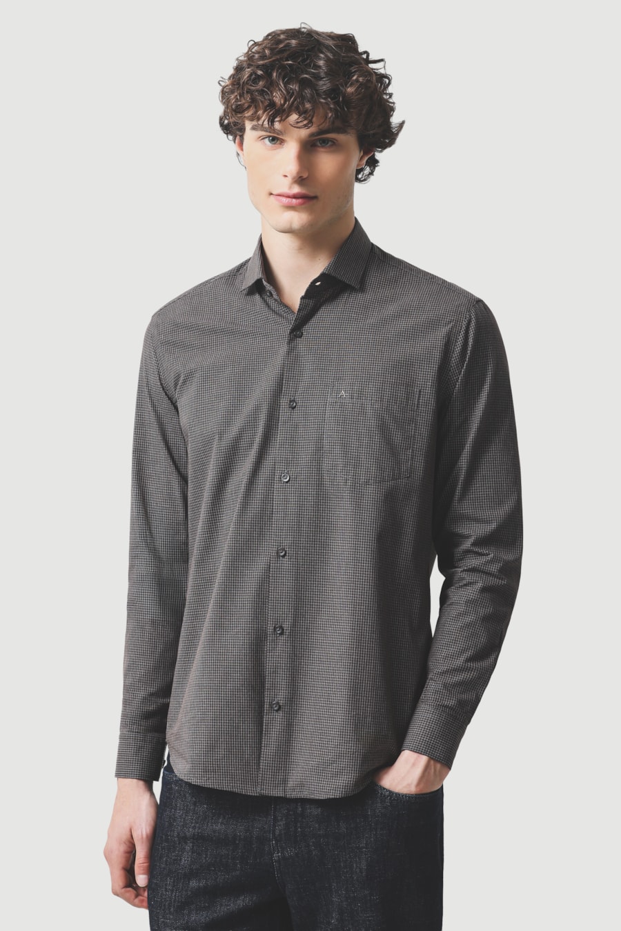 Camisa Manga Longa Regular Algodão Micro Xadrez Cafe C/ Caqui — foto 1 de 5