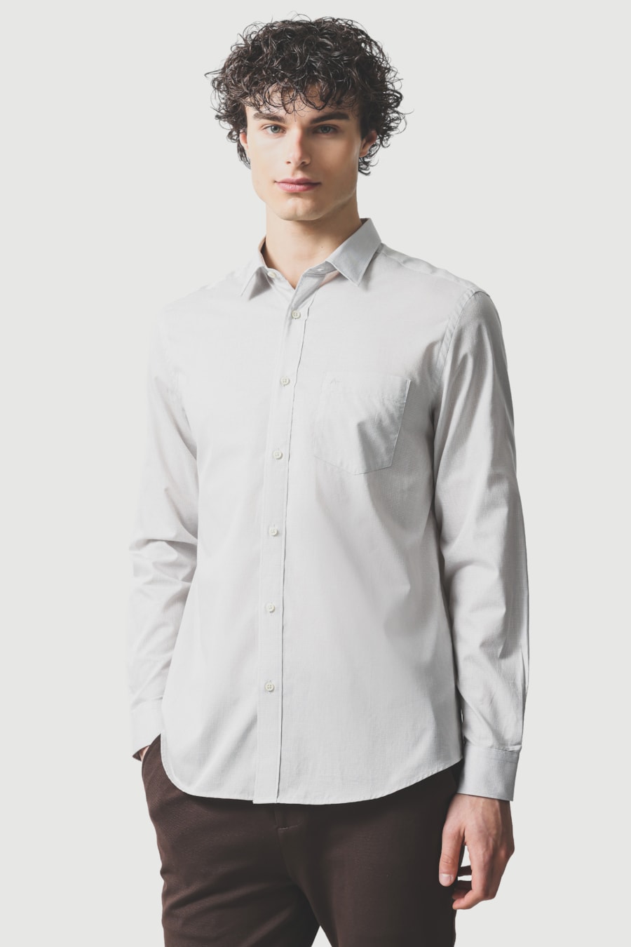 Camisa Manga Longa Regular Algodão Micro Xadrez Cinza Claro/Branco — foto 1 de 6