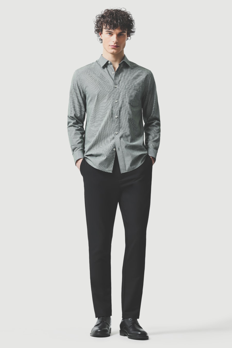 Camisa Manga Longa Regular Algodão Micro Xadrez Verde Escuro C/ Branco — foto 2 de 6