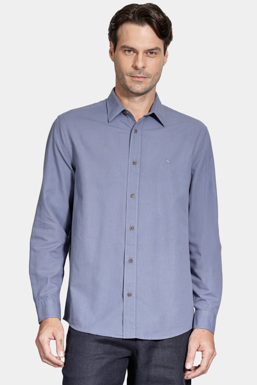Camisa Manga Longa Regular Algodâo Textura Azul Jeans — foto 1 de 6
