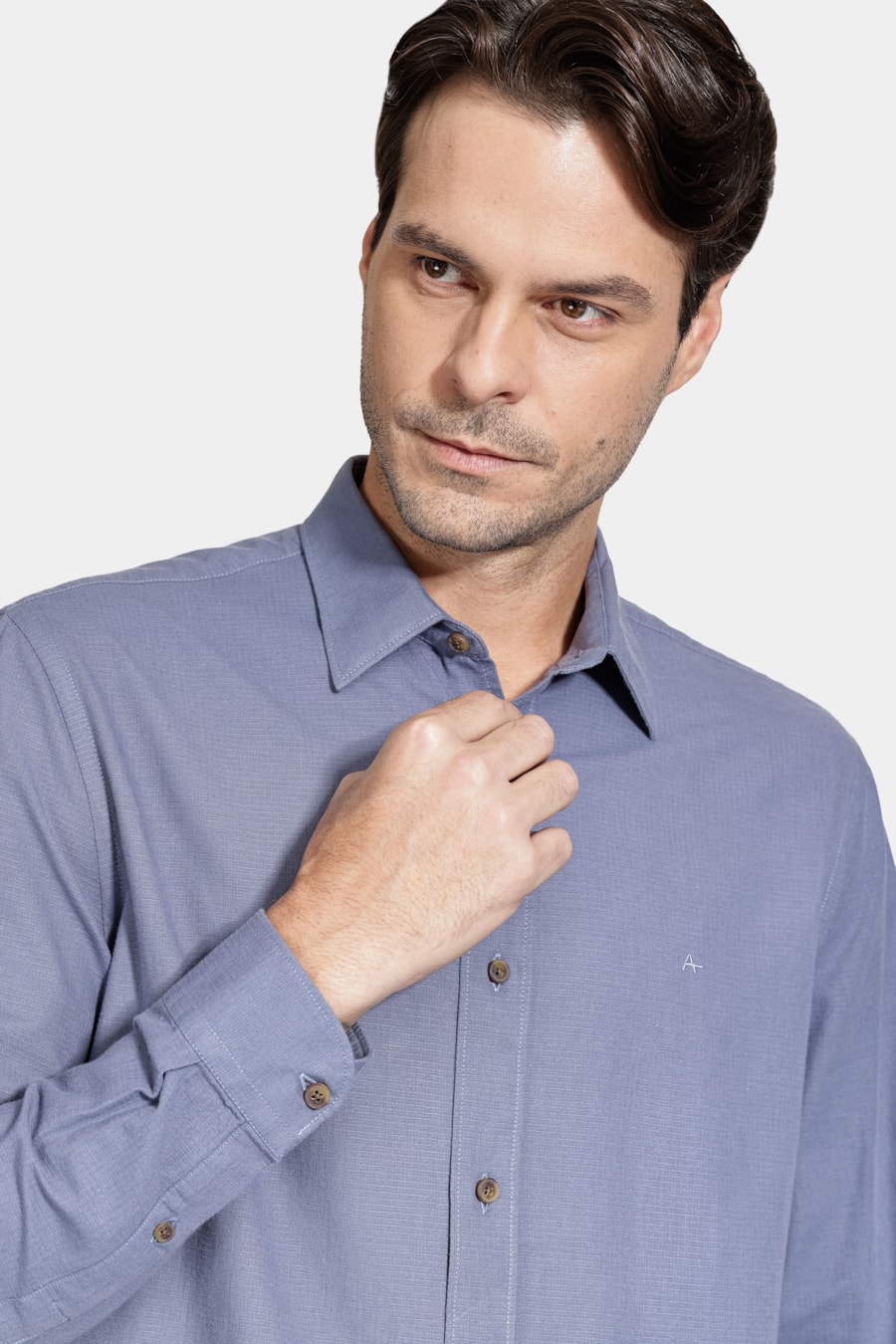 Camisa Manga Longa Regular Algodâo Textura Azul Jeans — foto 3 de 6