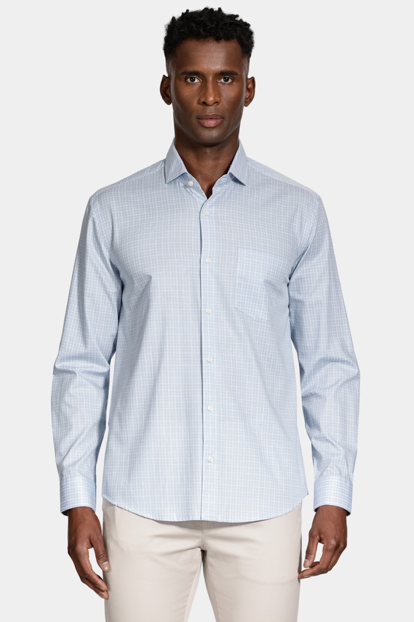 Camisa Manga Longa Regular Algodão Xadrez Azul Claro C/Branco