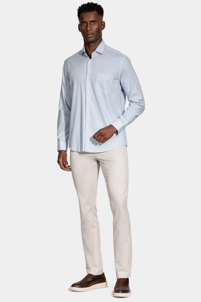 Camisa Manga Longa Regular Algodão Xadrez Azul Claro C/Branco