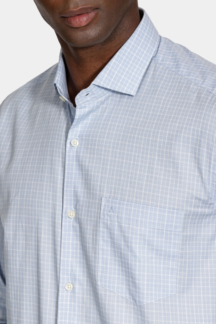 Camisa Manga Longa Regular Algodão Xadrez Azul Claro C/Branco — foto 3 de 6