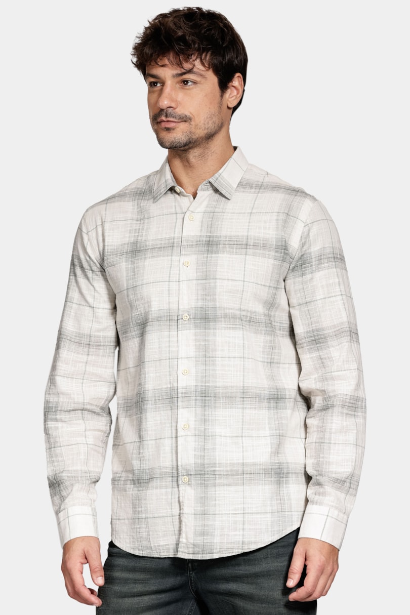 Camisa Manga Longa Regular Algodão Xadrez Caqui C/ Musgo