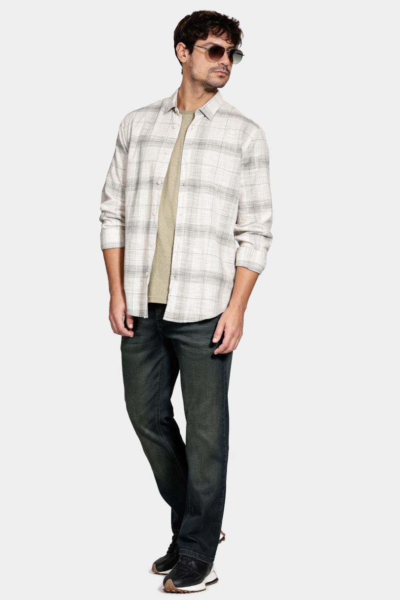 Camisa Manga Longa Regular Algodão Xadrez Caqui C/ Musgo