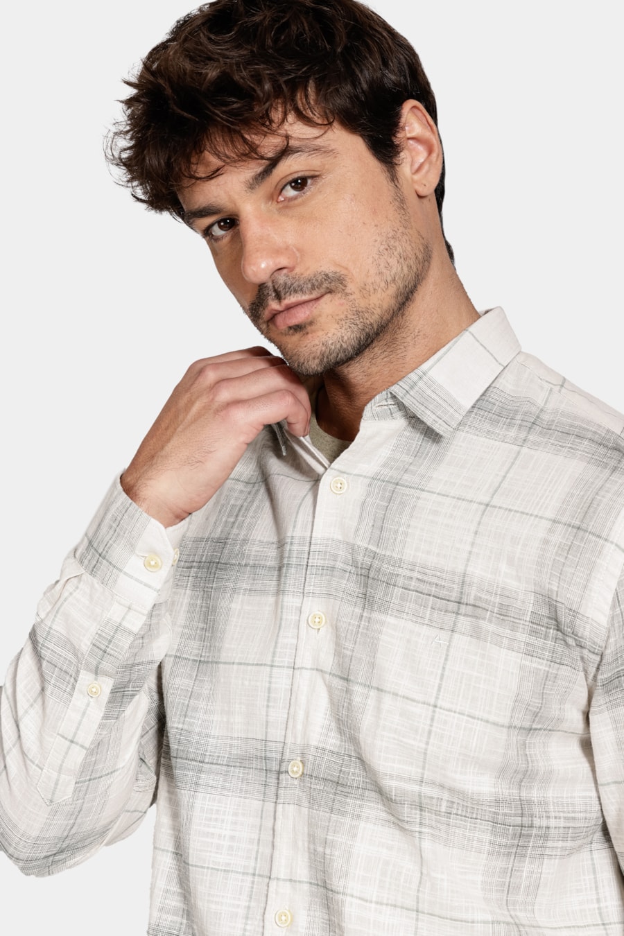 Camisa Manga Longa Regular Algodão Xadrez Caqui C/ Musgo — foto 3 de 5