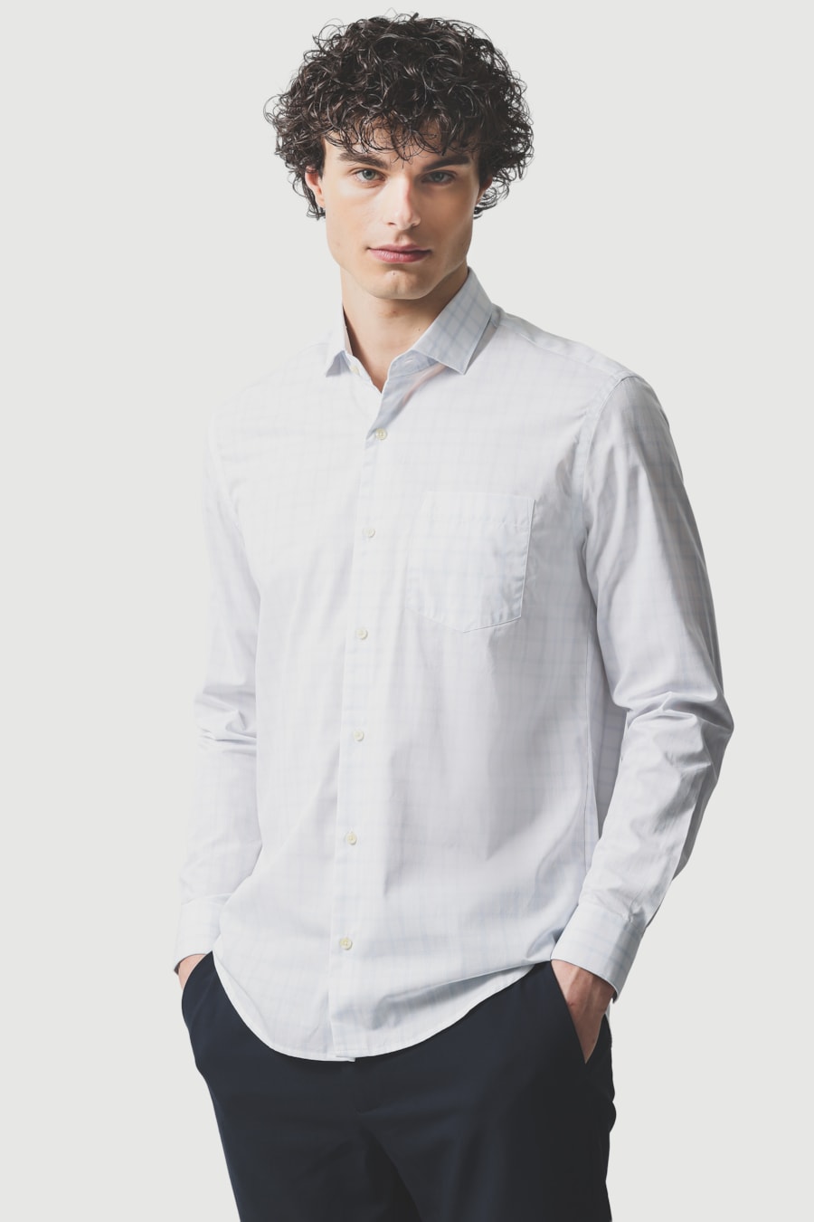 Camisa Manga Longa Regular Algodão Xadrez Filetes Branco C/Azul Claro — foto 1 de 6