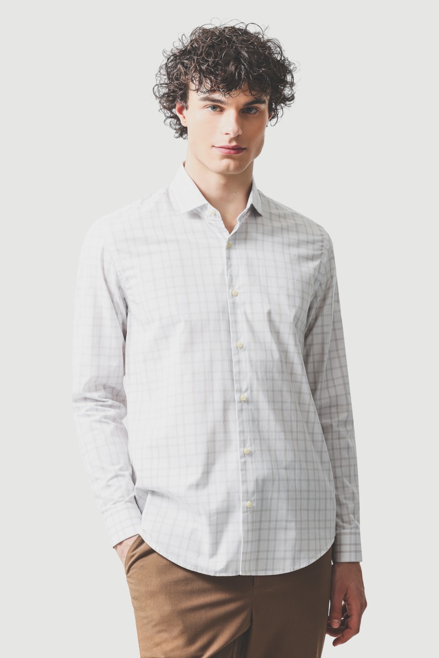 Camisa Manga Longa Regular Algodão Xadrez Filetes Branco C/Caqui — foto 1 de 6