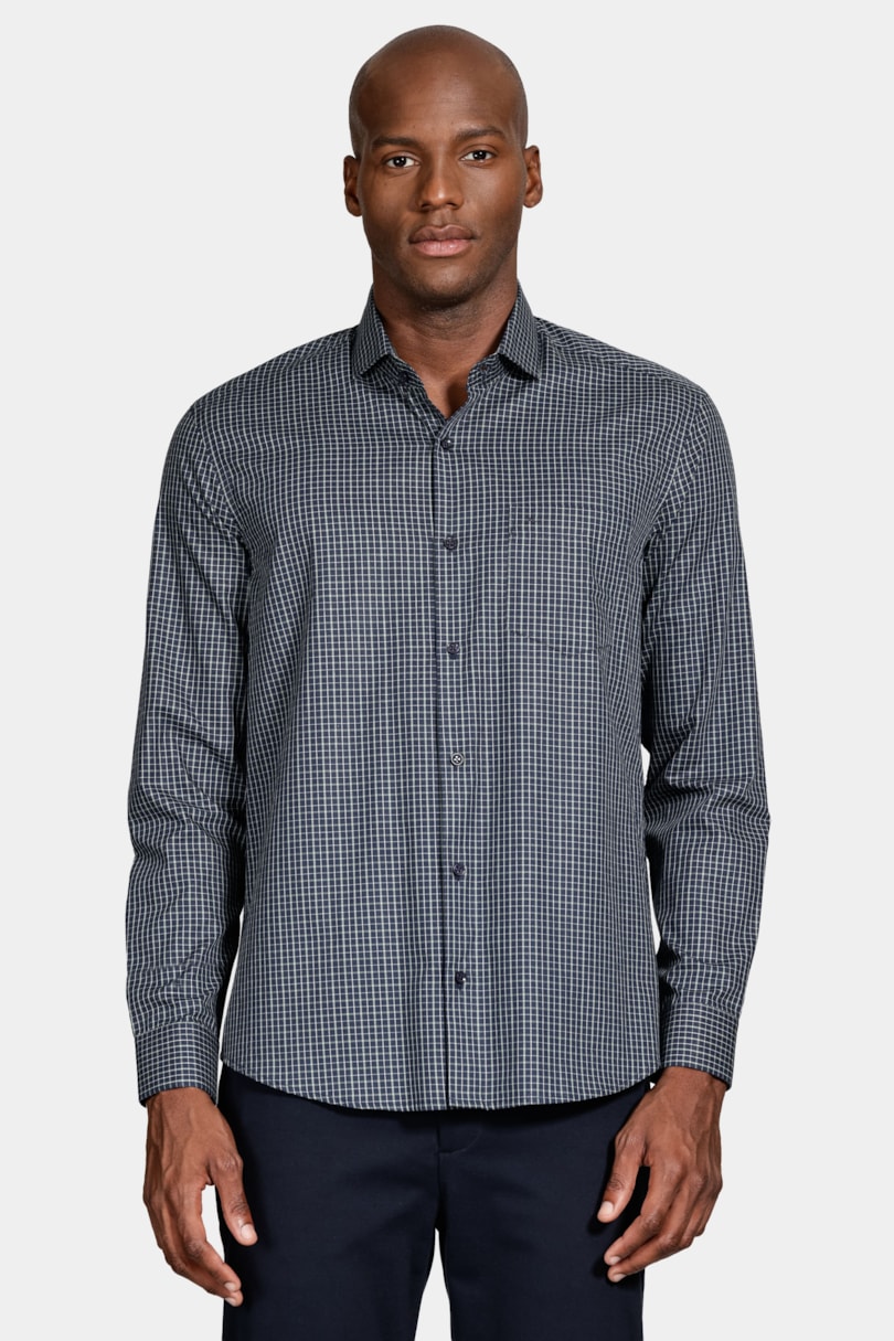Camisa Manga Longa Regular Algodão Xadrez Marinho C/ Verde