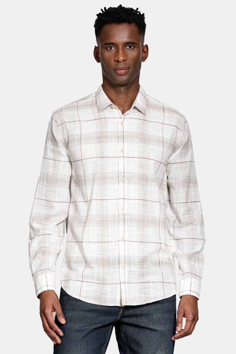 Camisa Manga Longa Regular Algodão Xadrez Off White C/ Caqui