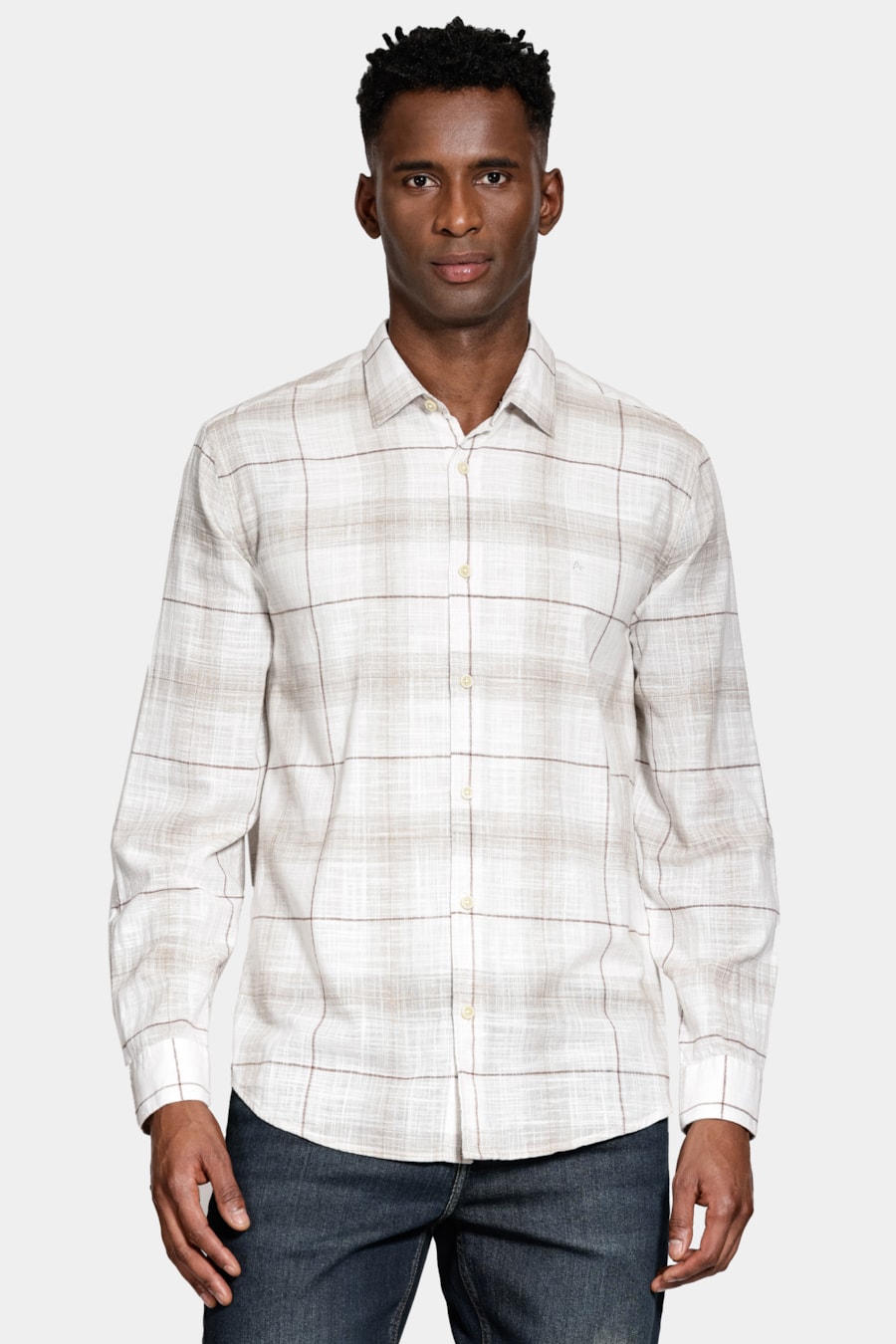 Camisa Manga Longa Regular Algodão Xadrez Off White C/ Caqui — foto 1 de 6
