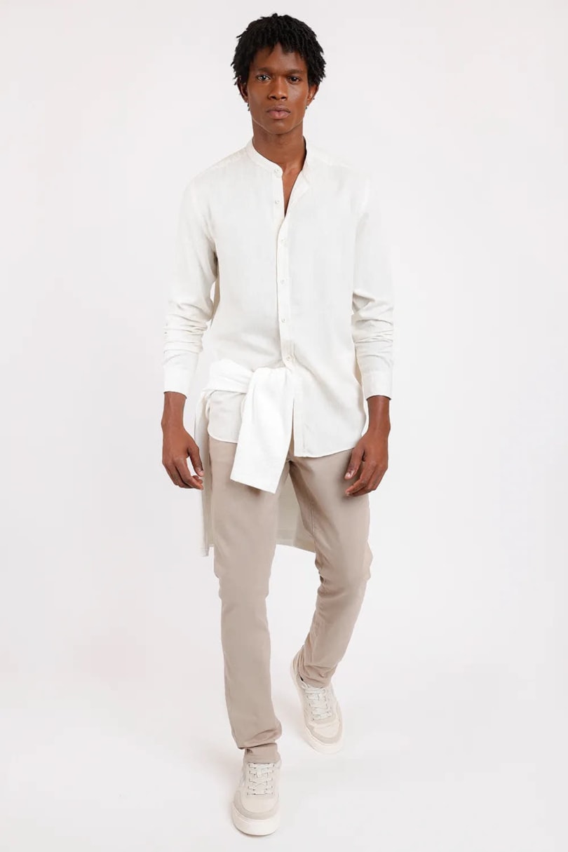 Camisa Manga Longa Regular em Algodão Misto Natural