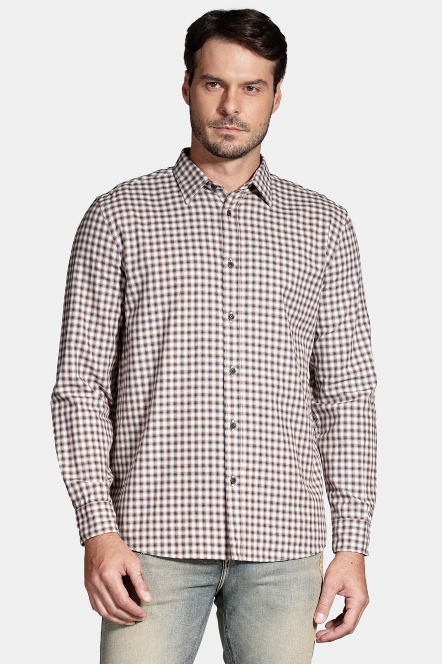 Camisa Manga Longa Regular em Flanela Xadrez Óptico Off White Com Ferrugem — foto 1 de 6