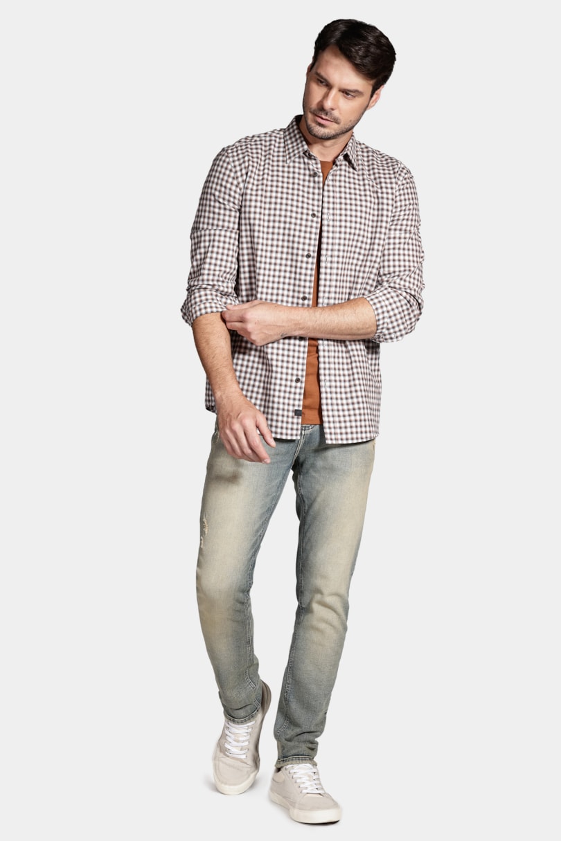 Camisa Manga Longa Regular em Flanela Xadrez Óptico Off White Com Ferrugem