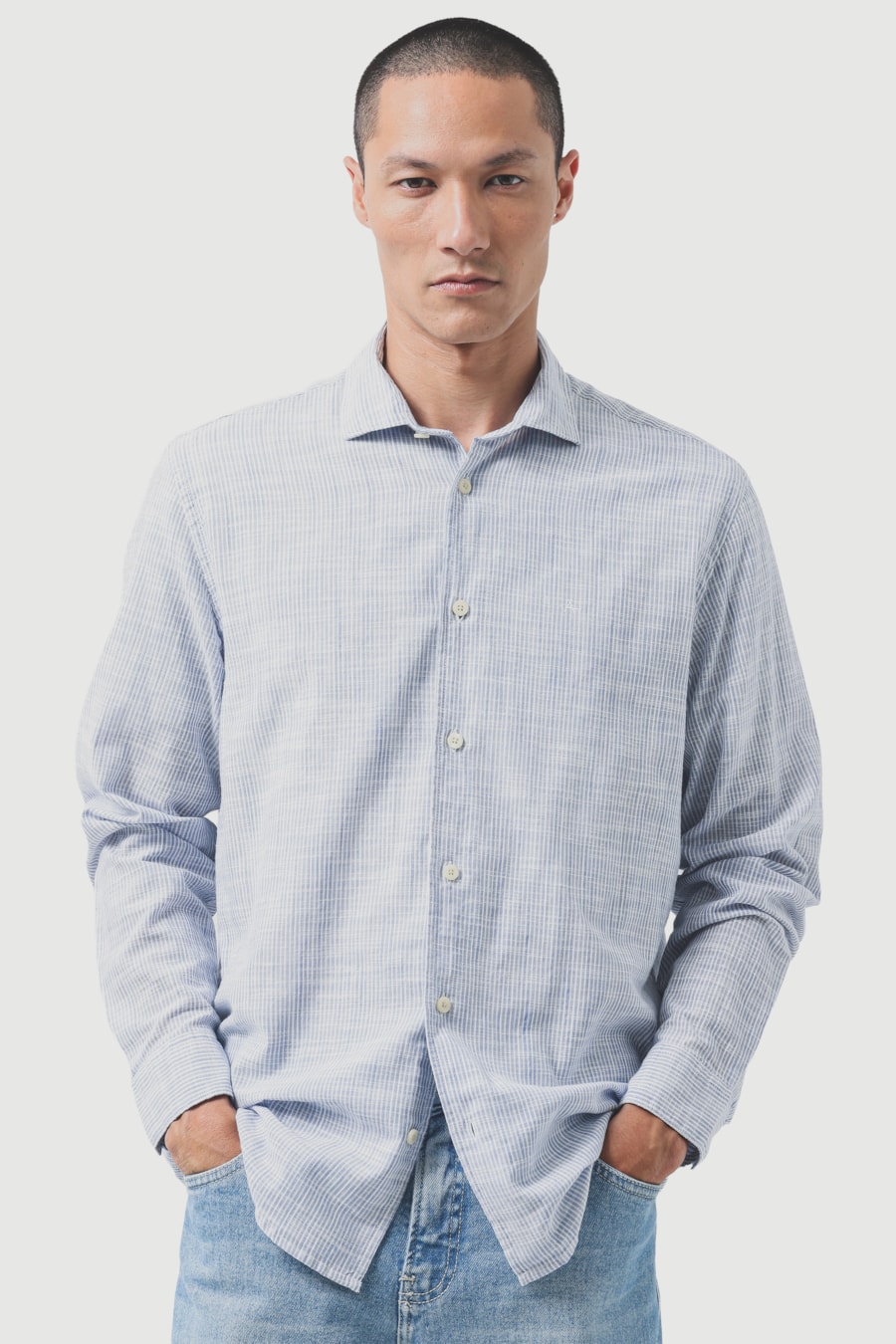 Camisa Manga Longa Regular Flame Listrada Azul C/Branco — foto 1 de 6