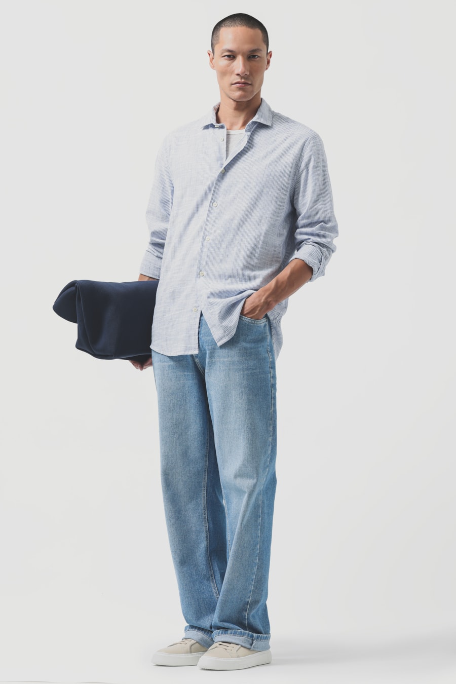 Camisa Manga Longa Regular Flame Listrada Azul C/Branco — foto 2 de 6
