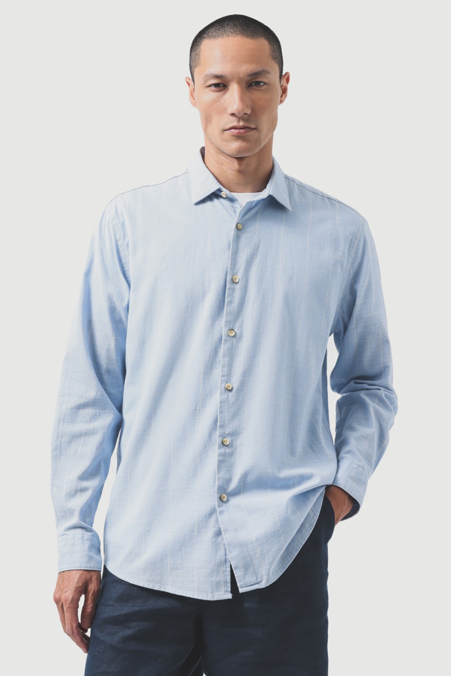 Camisa Manga Longa Regular Flamê Listrada Azul C/Creme — foto 1 de 6