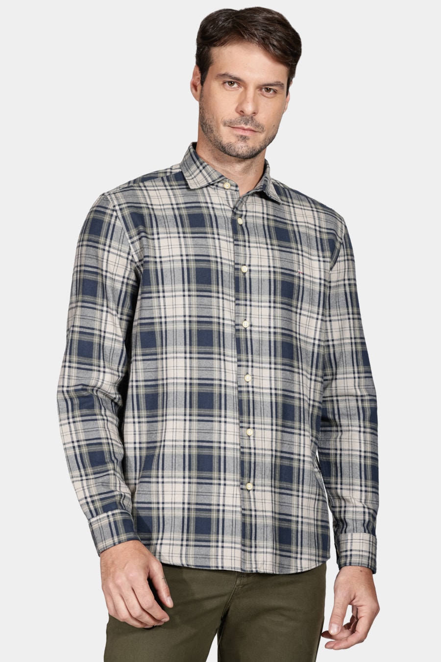 Camisa Manga Longa Regular Flanela Xadrez Marinho Com Verde — foto 1 de 6