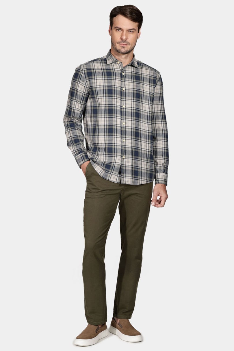 Camisa Manga Longa Regular Flanela Xadrez Marinho Com Verde