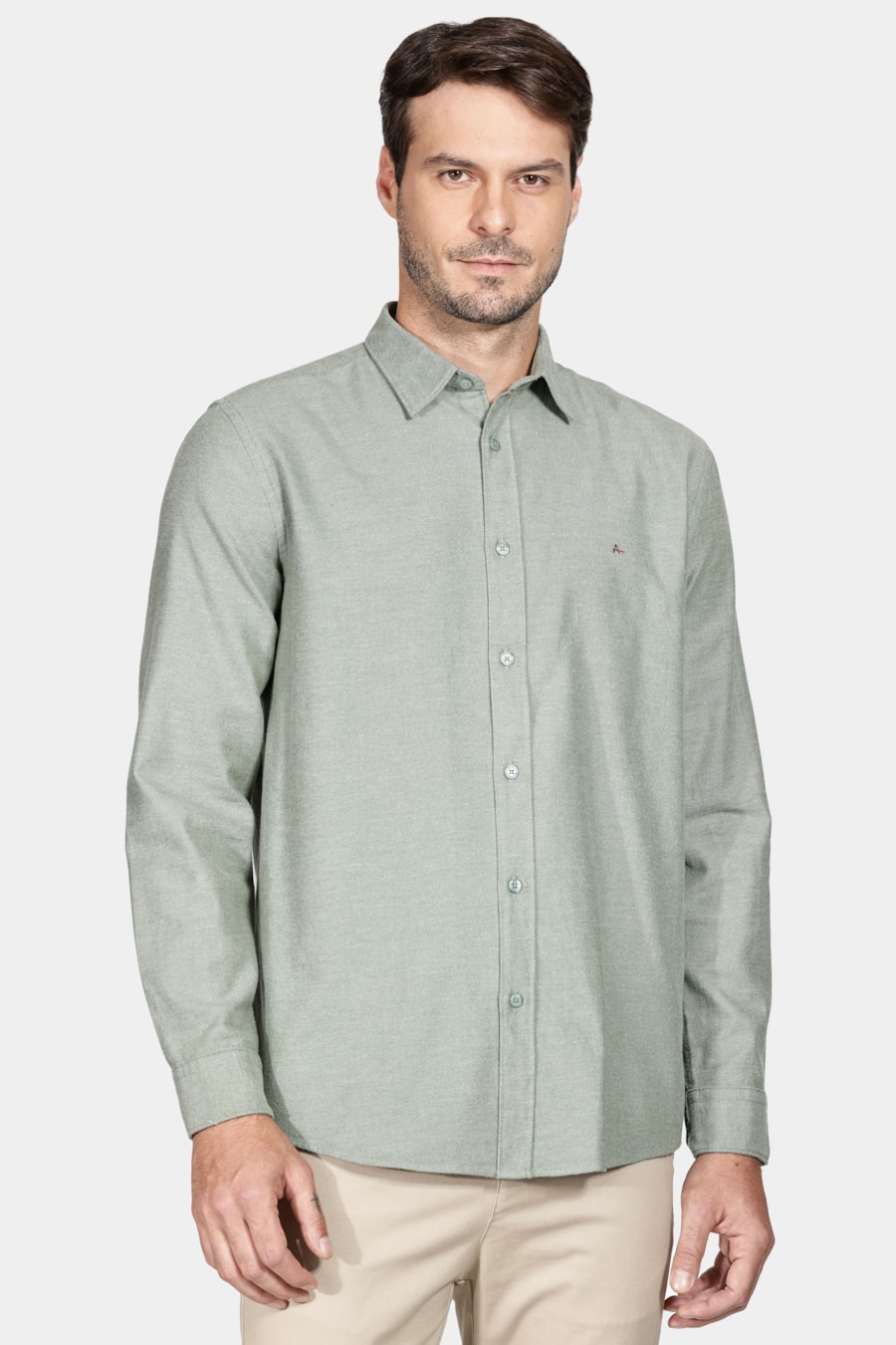 Camisa Manga Longa Regular Flannel Twill Verde Militar — foto 1 de 6